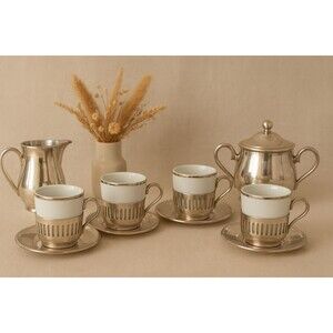 Vintage Bellini Demitasse Cup Set with Silver Holders – 4pc, 1980s Espresso Cups